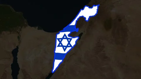 Satellite map animation of Israel, clouds, waving flag, white border Stock Footage 345659381