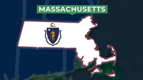 Satellite map animation of Massachusetts, USA. Territory, state flag, name Stock Footage 345362980