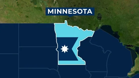 Satellite map animation of Minnesota, USA. Blinking territory, state flag, name Stock Footage 345363331