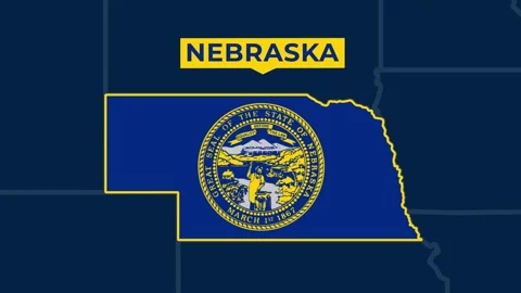 Satellite map animation of Nebraska, USA. Blinking territory, state flag, name Stock Footage 345363852