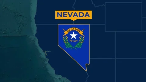 Satellite map animation of Nevada, USA. Blinking territory, state flag, name Stock Footage 345363932