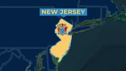 Satellite map animation of New Jersey, USA. Blinking territory, state flag, name Stock Footage 345364086