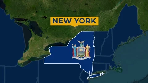 Satellite map animation of New York, USA. Blinking territory, state flag, name Stock Footage 345364438