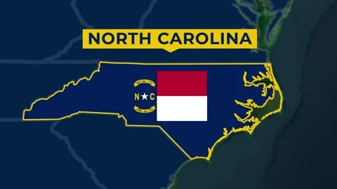 Satellite map animation of North Carolina, USA. Territory, state flag, name Stock Footage 345364540