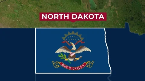 Satellite map animation of North Dakota, USA. Territory, state flag, name Stock Footage 345364608