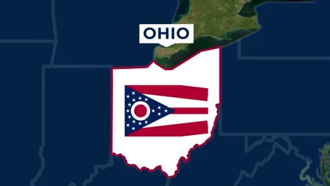 Satellite map animation of Ohio, USA. Blinking territory, state flag, name Stock Footage 345364819