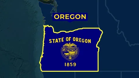 Satellite map animation of Oregon, USA. Blinking territory, state flag, name Stock Footage 345364824