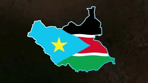 Satellite map animation of South Sudan, clouds, waving flag, gradient border Stock Footage 345728885