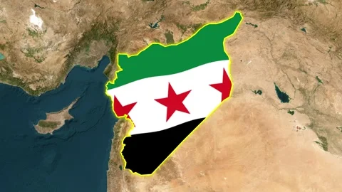 Satellite map animation of Syria. Clouds, yellow outline of the border, flag Stock Footage 344734124