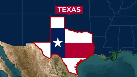 Satellite map animation of Texas, USA. Blinking territory, state flag, name Stock Footage 345365271