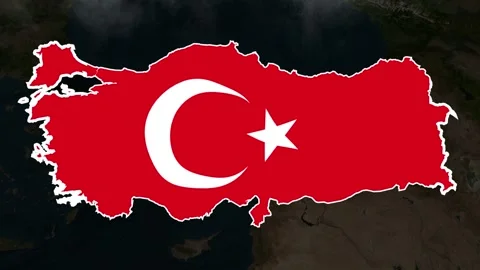 Satellite map animation of Turkey, clouds, waving flag, white border Stock Footage 345676528