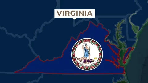 Satellite map animation of Virginia, USA. Blinking territory, state flag, name Stock Footage 345366368