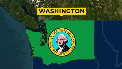 Satellite map animation of Washington, USA. Blinking territory, state flag, name Stock Footage 345366372