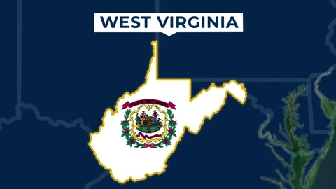 Satellite map animation of West Virginia, USA. Territory, state flag, name Stock Footage 345366380