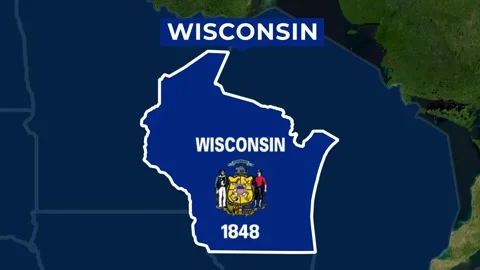 Satellite map animation of Wisconsin, USA. Blinking territory, state flag, name Stock Footage 345366391