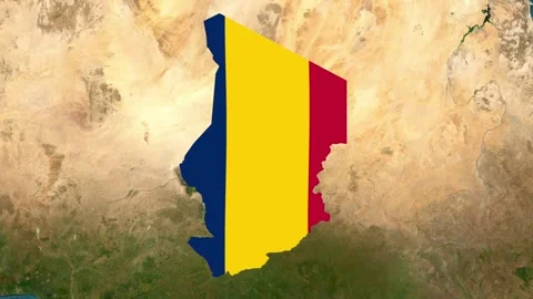 Satellite map of Chad, clouds, growing waving flag of the country, yellow border Stock Footage 344804344