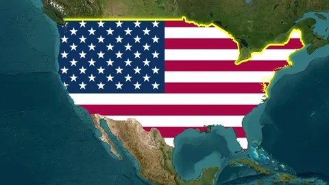 Satellite map of Contiguous USA, flag, border appears when the clouds move away Stock Footage 344734737