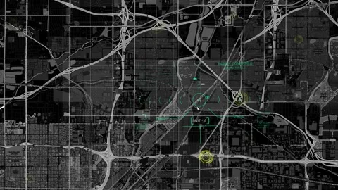 Satellite Map HUD Tactical Drone Surveillance Interface with GPS Target Tracking Video stock 338433651