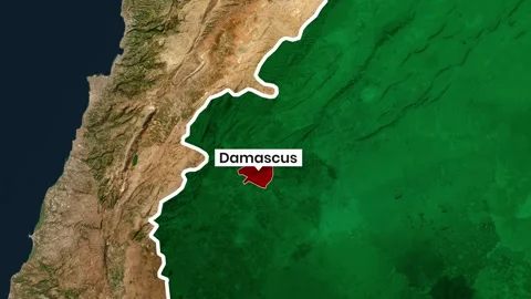 Satellite map identifying damascus syria with animation overlay footage Stock Footage 342611306