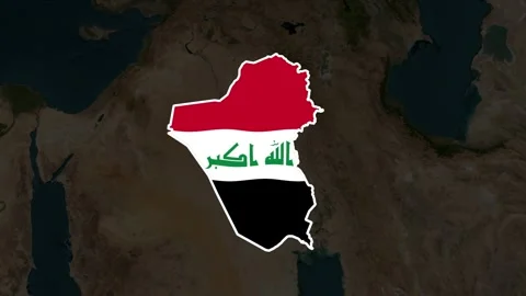 Satellite map of Iraq, clouds, waving flag of the country, yellow border Stock Footage 345633535