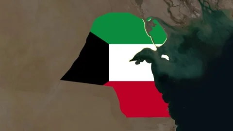 Satellite map of Kuwait, clouds, waving flag of the country, yellow border Stock Footage 345604248