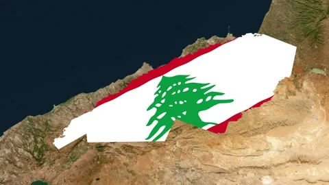 Satellite map of Lebanon. Clouds, waving detail of the flag, yellow border Stock Footage 344805134