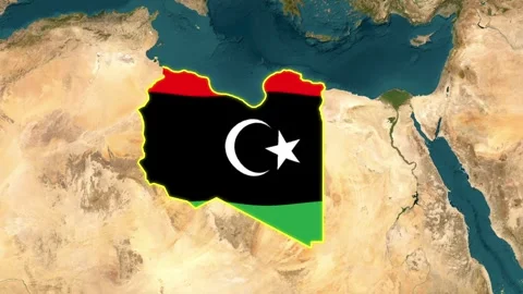 Satellite map of Libya. Clouds, waving national flag, yellow border Stock Footage 344806684