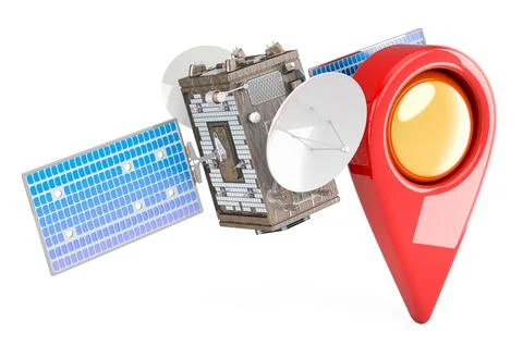 Satellite with map pointer, 3D rendering Illustrazione stock