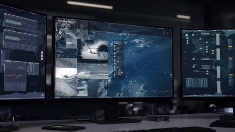 Satellite map scanner identifying the position of the rival forces airbase Stock Footage 252486728