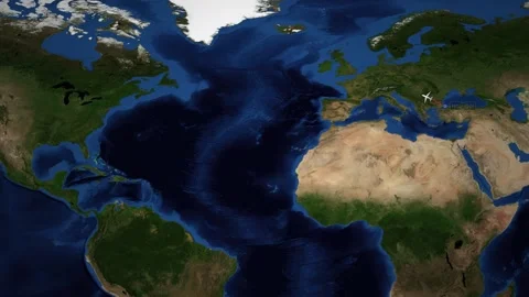 Satellite Map Showing Airplane Flight Path from Istanbul to Chicago Stock Footage 340948849