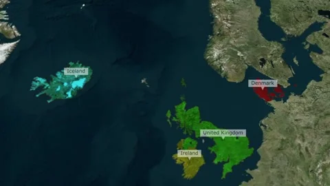Satellite map view highlighting iceland united kingdom ireland and denmark 库存影片 345992157