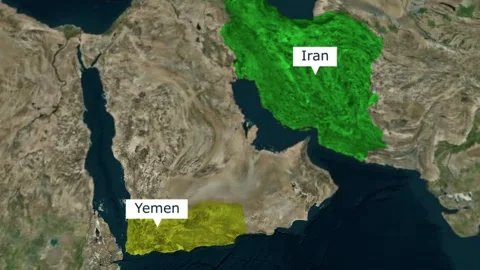 Satellite map view highlighting iran and yemen in the middle east region 库存影片 345991857