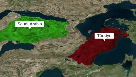 Satellite map view highlighting saudi arabia and turkiye with labels satellite Vidéo 345991469