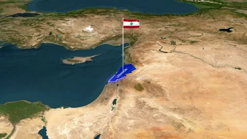 Satellite Map View of Lebanon Highlighted with Waving Flag Pin Video stock 342723069