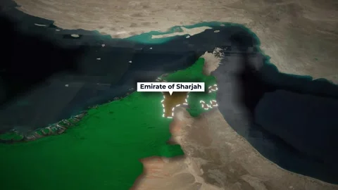 Satellite Map Zoom Animation Highlighted Emirate of Sharjah and UAE Stock Footage 347471886