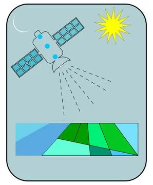 Satellite mapping vector icon showing orbit scanner over farmland Stock Illustration