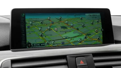 Satellite navigation map display close up Alpine White 2016 BMW 3-series 330e Stock Footage 159883745