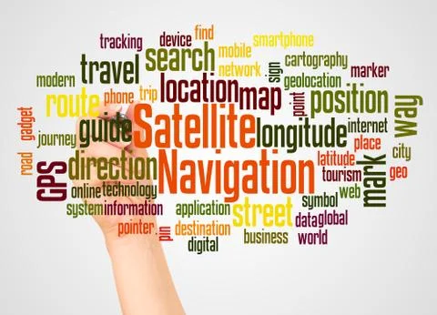 Satellite navigation word cloud and hand with marker concept Foto stock