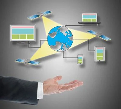Satellite network concept levitating above a hand Stock Photos