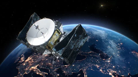 Satellite in Open Space Using its Solar Arrays Beautiful View 3d Animation. Stock Footage 300993876