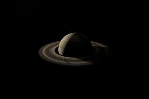Satellite or moon orbiting over rings of planet Saturn. 3d render 스톡 일러스트