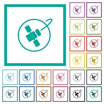 Satellite in orbit solid flat color icons with quadrant frames Stock Illustration