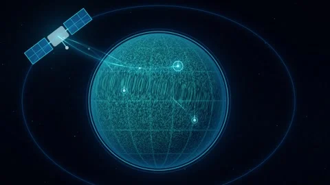 Satellite orbiting digital planet Earth with glowing connections and data stream Stock Footage 344328597
