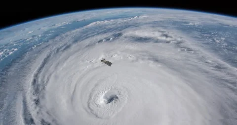 SATELLITE ORBITING EARTH ABOVE LARGE HURRICANE Stock Footage 168784953