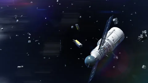Satellite orbiting the earth among the space debris. Stock Footage 201523006