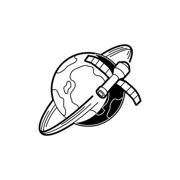 Satellite orbiting earth - artificial outer space station in black and white Stock Illustration
