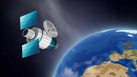 Satellite Orbiting Earth with Moon Rising in Outer Space Animation Stock Footage 345304225