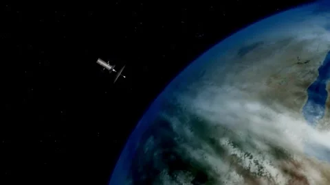 Satellite orbiting planet Earth in deep space Stock Footage 335952739