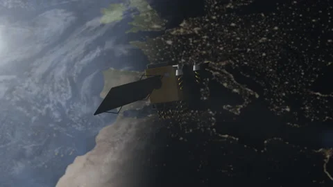 Satellite orbits the planet earth that rotates below Stock Footage 146316834
