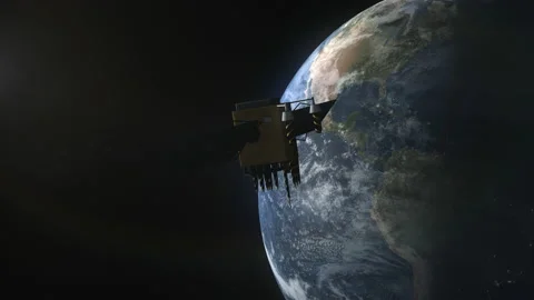 Satellite orbits the rotating planet earth Stock Footage 146316782